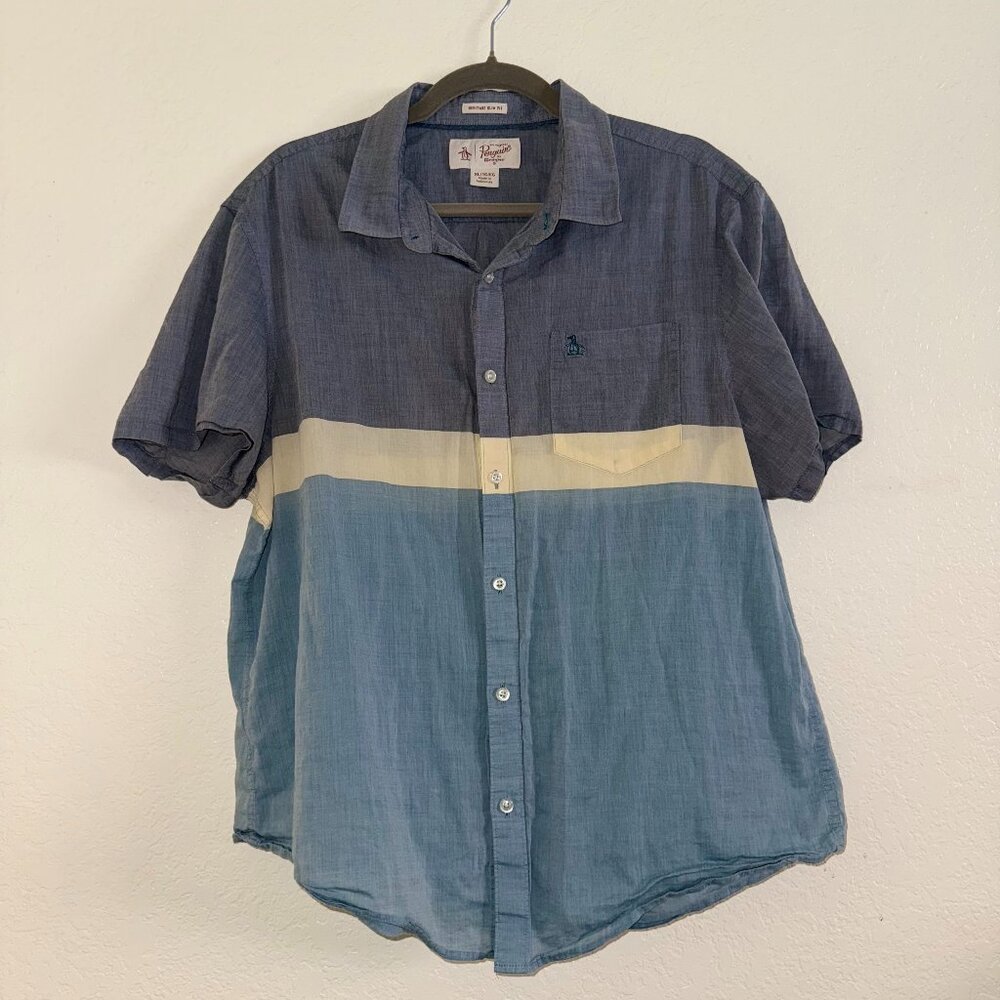 Original Penguin Colorblock Short Sleeve Button-Up Shirt Blue Gray Size Large